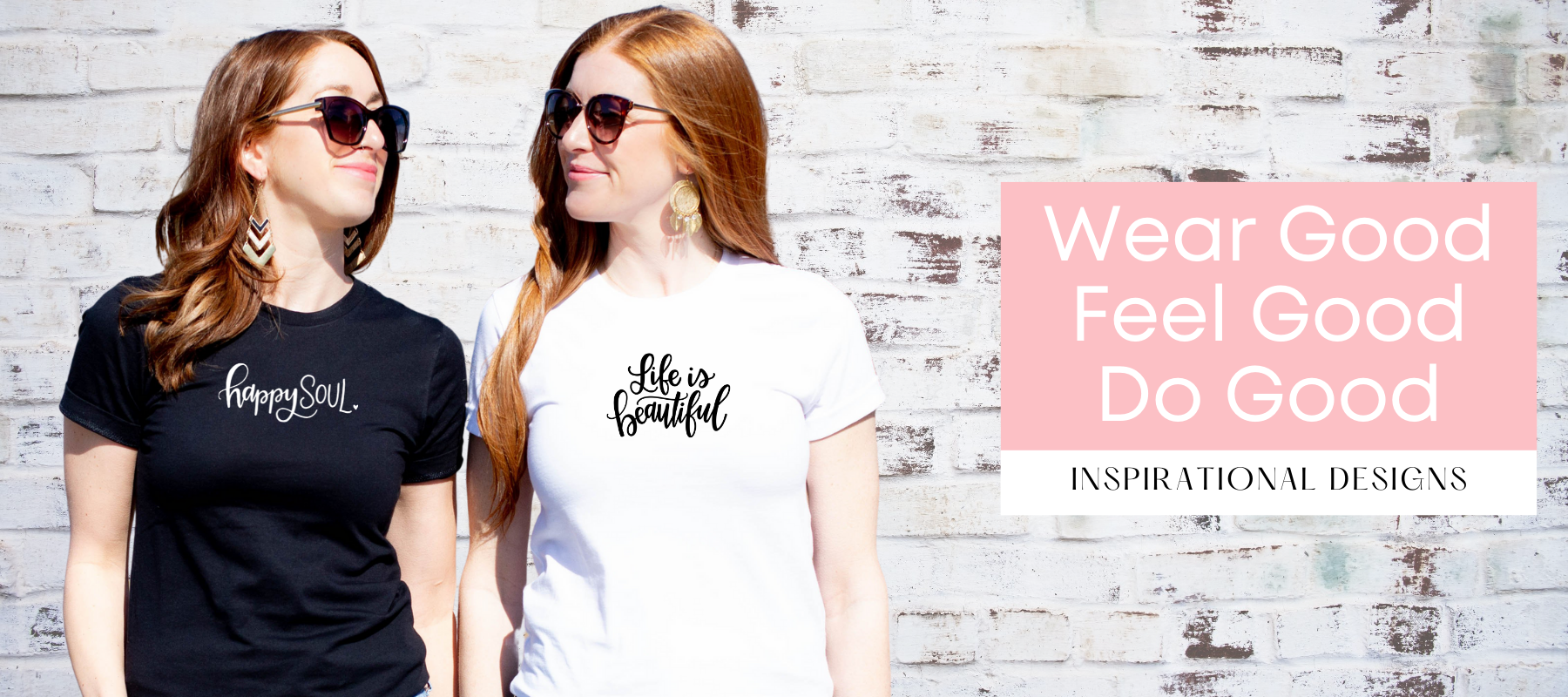 Two women facing one another. One wearing a black heather t-shirt with happy soul in white and the other wearing a white tee with life is beautiful in black. Links to Moxie Momma's Inspirational line.