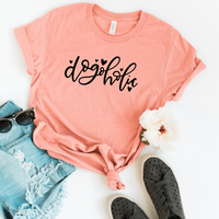 A bella canvas heather sunset t-shirt with Dogoholic with hearts in black.