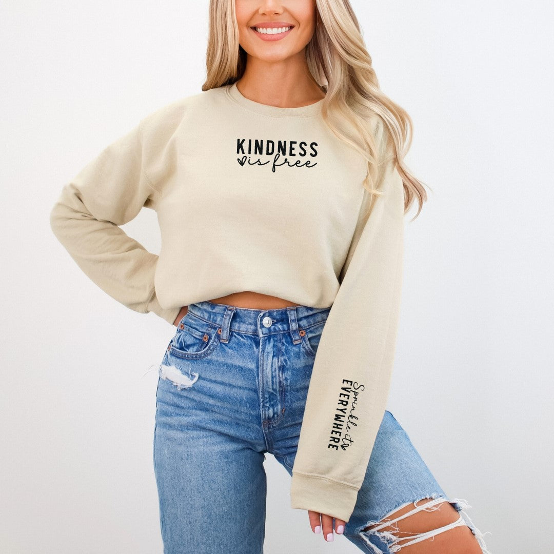MoxieMomma Kindness Is Free Sprinkle It Everywhere Front Sleeve Design Crewneck Sweatshirt Sand S Right Outside