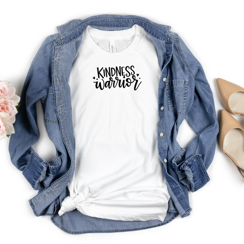 White bella canvas 3001 t-shirt with black lettering reading Kindness warrior.
