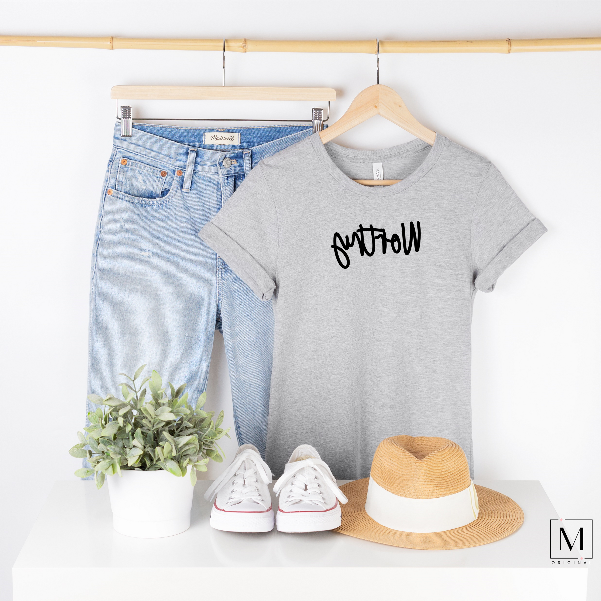 Bella Canvas 3001cvc athletic heather t-shirt with Worthy in black script backwards as part of Moxie Momma's Exclusive Reflection line.