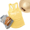 happy soul in white on a banana yellow Next Level 1533 racerback tank top.