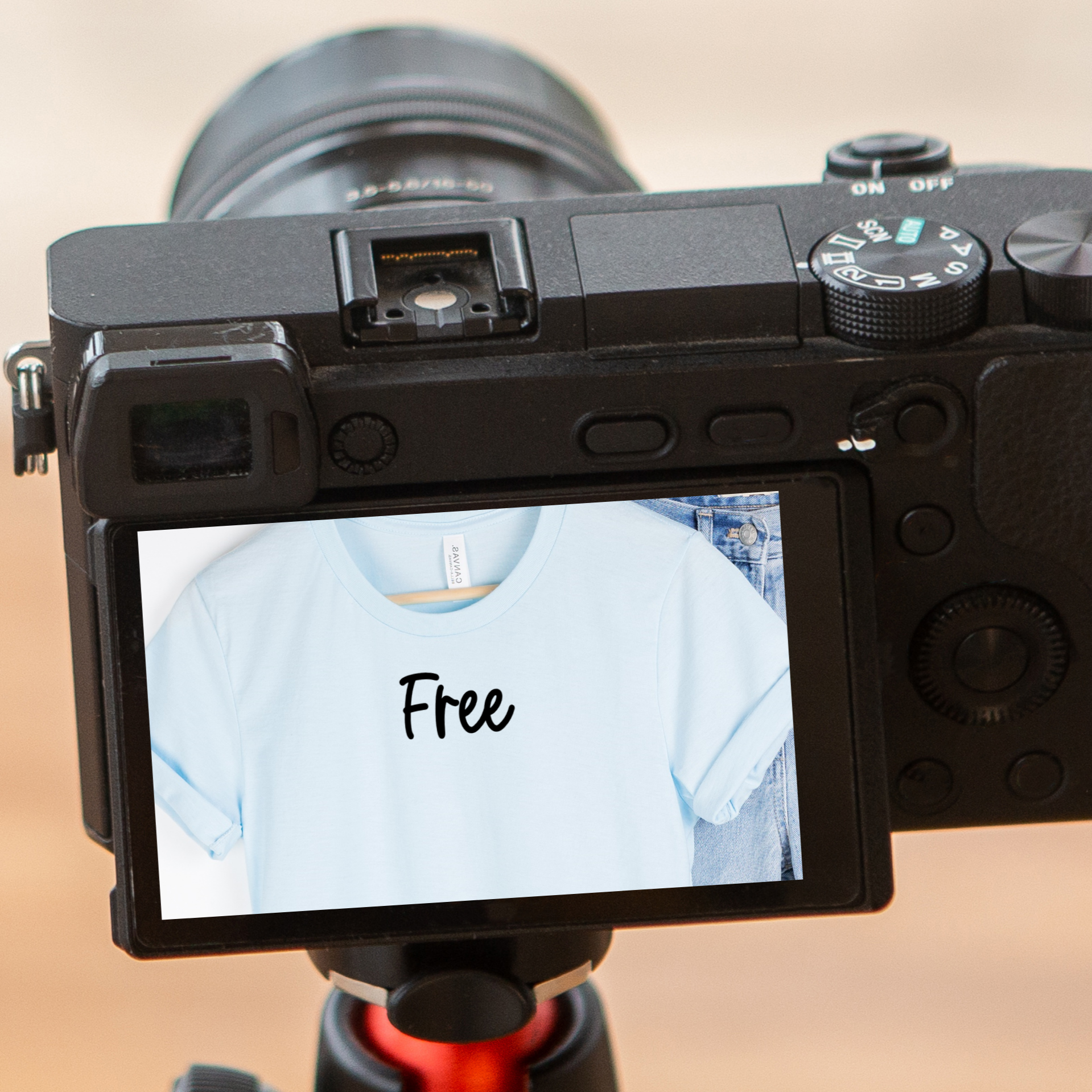 A camera with screen displaying the item as a reflection with the text reading Free.