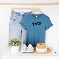 Bella Canvas 3001cvc Heather Deep Teal t-shirt with Strong in black script backwards as part of Moxie Momma's Exclusive Reflection line.