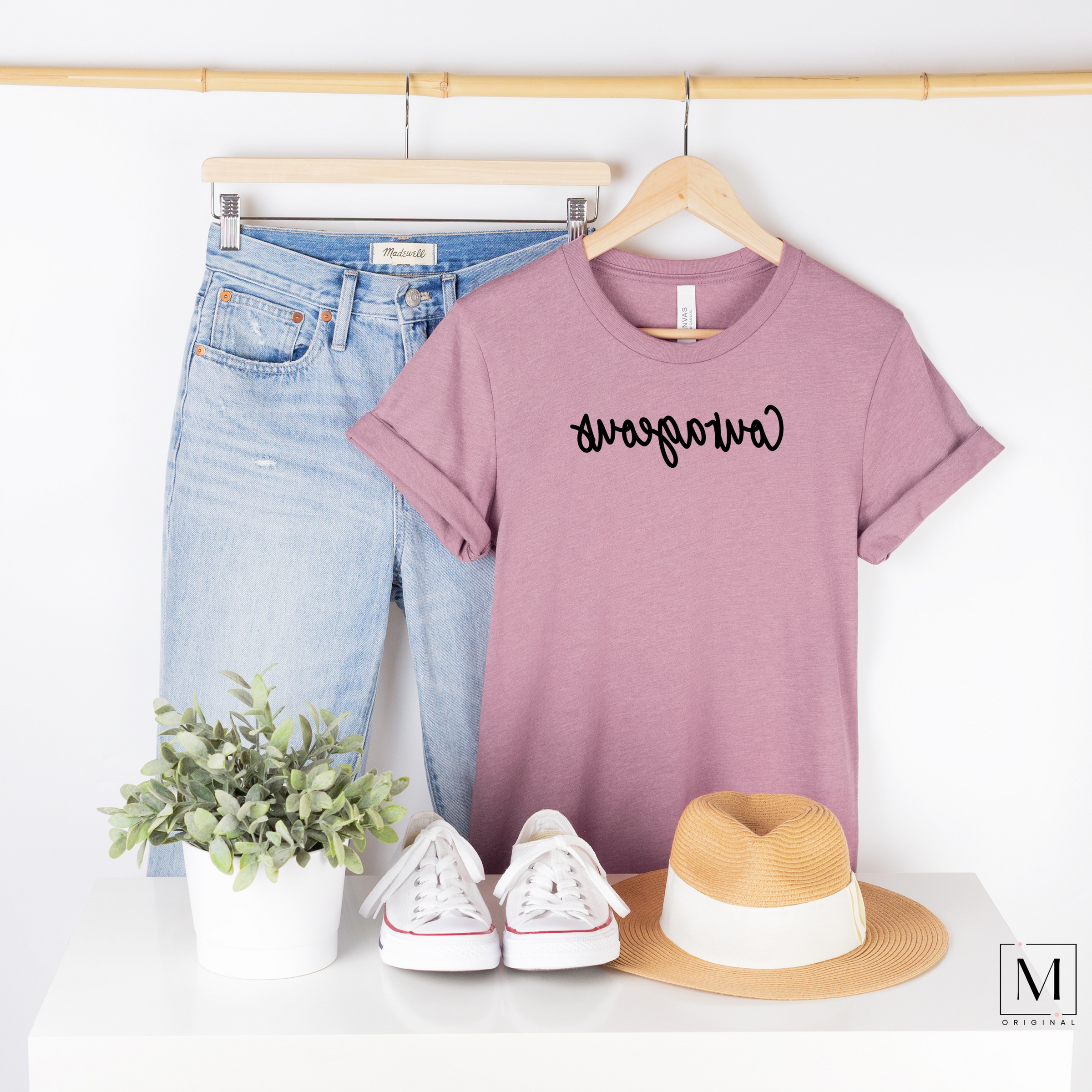 Bella Canvas Heather Orchid t-shirt with Courageous in black script backwards as part of Moxie Momma's Exclusive Reflection line.