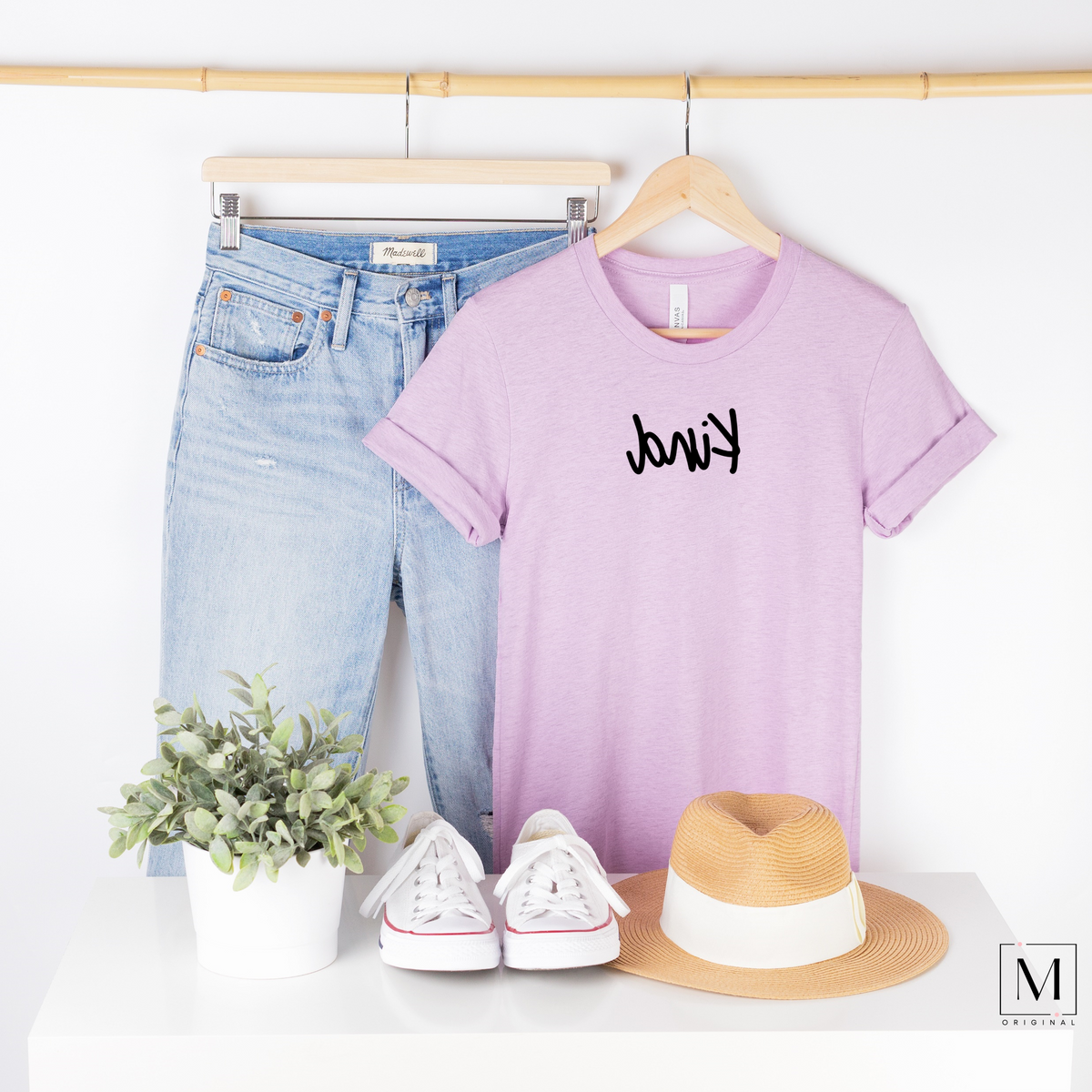 Bella Canvas Heather Prism Lilac t-shirt with kind in black script backwards as part of Moxie Momma's Exclusive Reflection line.