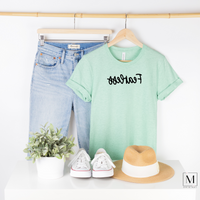 Bella Canvas Heather Prism Mint t-shirt with Fearless in black script backwards as part of Moxie Momma's Exclusive Reflection line.