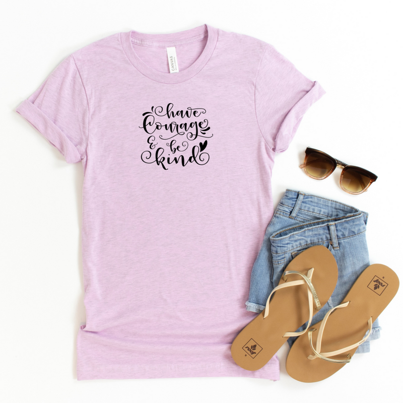 Bella Canvas heather prism lilac t-shirt with have courage & be kind in black script