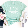I am enough, strong, beautiful, kind, loved in white on a heather prism mint bella canvas 3001cvc t-shirt.