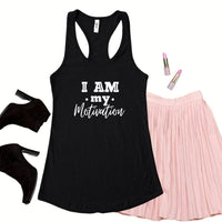 I am my motivation in white on a black Next Level 1533 racerback tank top.