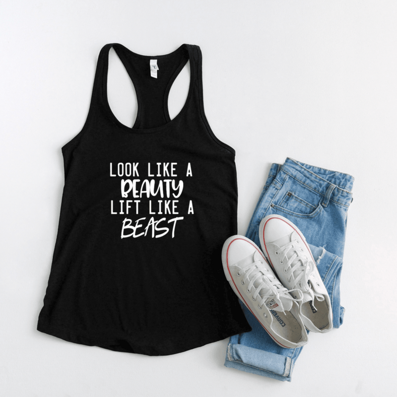 Look like a beauty Lift like a beast in white on a black 1533 racerback tank top by Next Level.