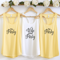Next Level 1533 racerback tank tops - set of 3. Two with the party and one with wife of the party in black script.