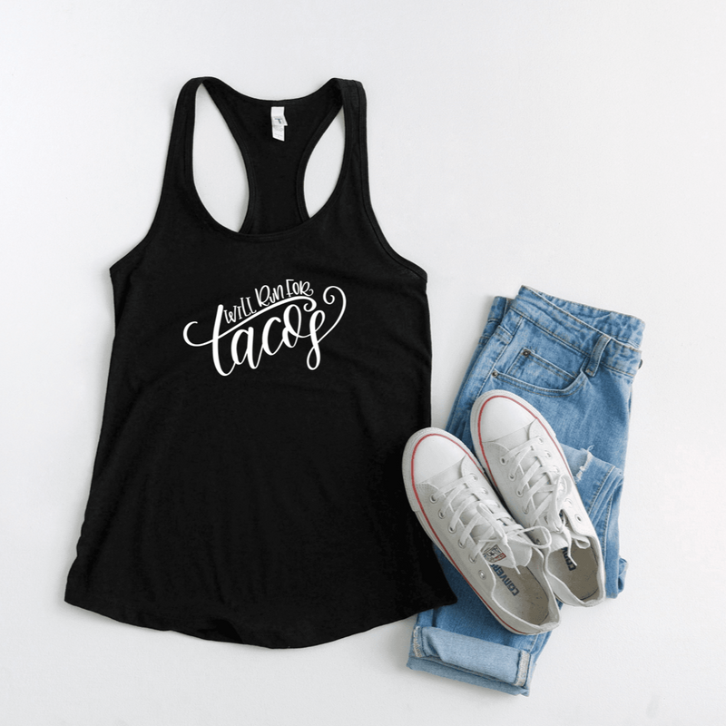 Next Level 1533 black racerback tank top with will run for tacos in white text