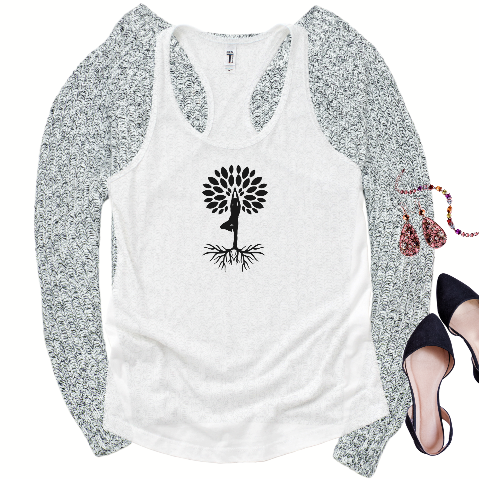 White Next Level 1533 racerback tank with a silhouette of a yoga tree pose with roots and leaves surrounding above in black.
